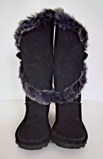 NEW BEARPAW Sheilah Women's Black Boots Suede With Faux Fur Tall 14" Size 5.5-6