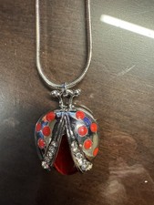 Lady Bug Silver Necklace 20" Adjustable red with clear crystals