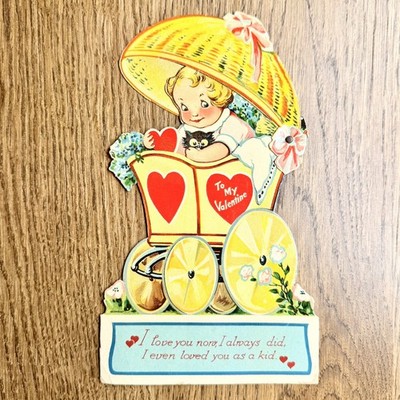 Antique German Mechanical Valentine Umbrella Baby Buggy Die Cut Card