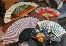 5 Vtg Oriental Fan Folding Hand Held Wood Paper Plastic Fan Fans