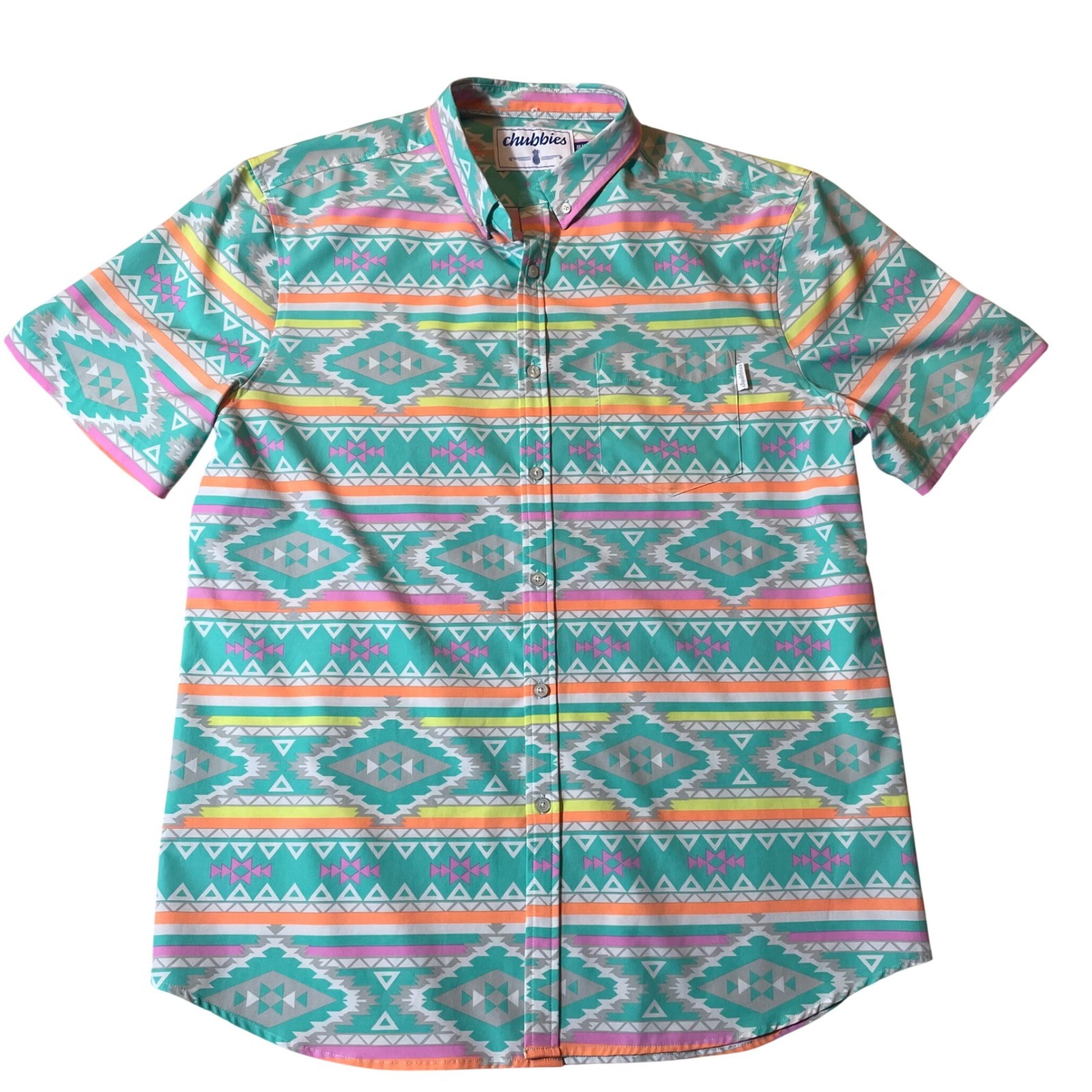 Chubbies Mens Short Sleeve Button Down Shirt Turquoise Aztec Print XXL