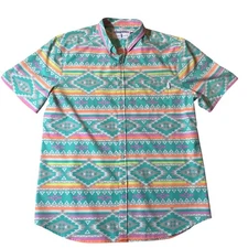 Chubbies Mens Short Sleeve Button Down Shirt Turquoise Aztec Print XXL