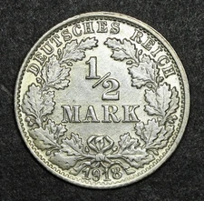 Silver 1918-F Germany Empire 1/2 Mark  KM#17  Choice UNC
