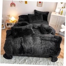 Faux Fur Kids Girls Black Comforter Sets - 3PC Bed Set Warm Queen Z-black