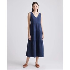NWT Quince Organic Cotton Gauze Sleeveless Tiered Maxi Dress M Navy Blue