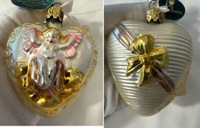 NWT Vintage Christborn Heart Angel Cherub Bow Two Sided Glass Christmas Ornament