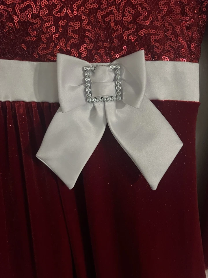 Girls' Bonnie Jean Faux Fur Trim Sequined Red Velvet Dress w/Rhinestone Buckle - Image 3 of 4