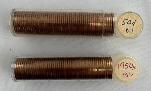 1950 D and S Uncirculated Lincoln Wheat Cent TWO Rolls 50 Coins Nice Red 100 1c