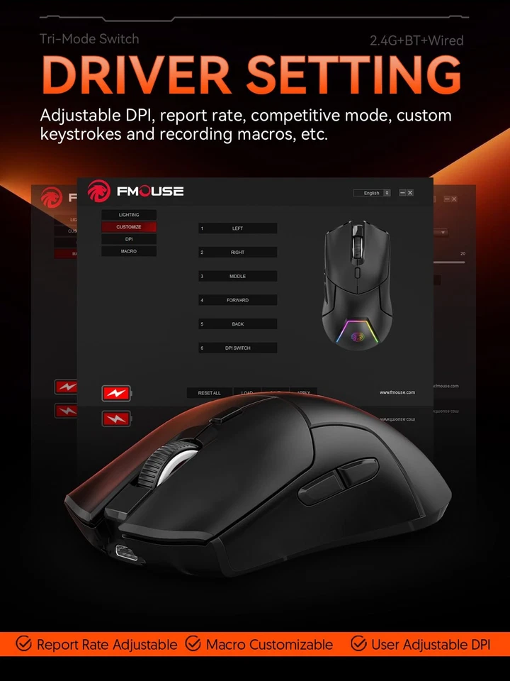 Wireless Gaming Mouse, PAW3311 Sensor, 12,000 DPI, 1,000Hz, Tri Mode (2.4G/Bl... - Image 4 of 4