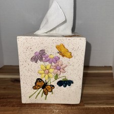 1970s Ceramic Tissue Box Cover monarch butterflies flowers hand painted cottage