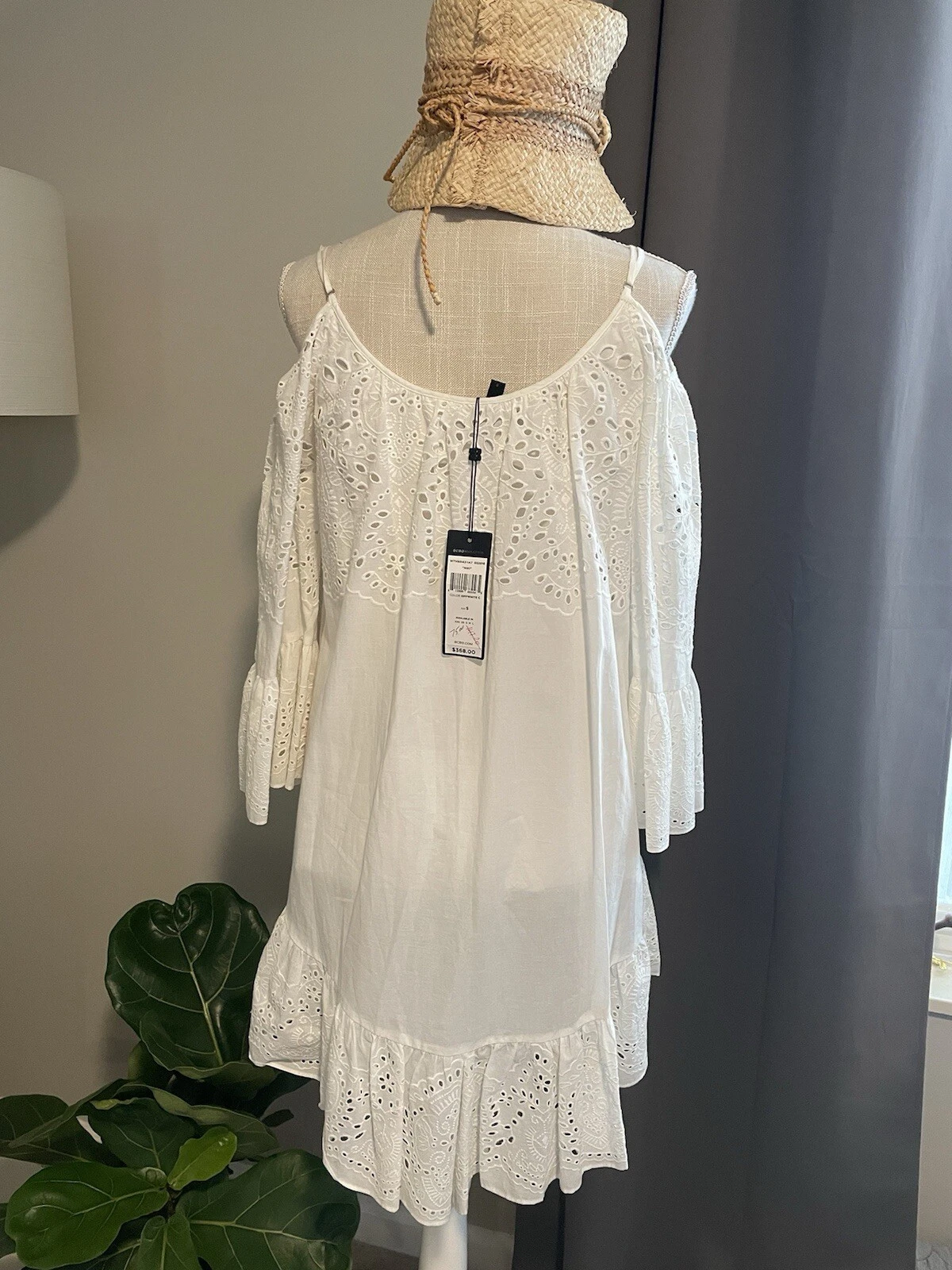 OFF WHITE Nuovo con etichetta! BCBGMAXAZRIA prendisole babydoll cotone occhielli bianco sporco taglia small $368