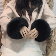 Real Fox Fur Cuffs Sleeves Match with Jacket Accessories Black A Pair of