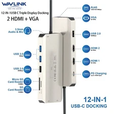 12 in 1 USB-C Hub USB  Triple Monitor Laptop Docking Station 100W PD 2x 4K HDMI 