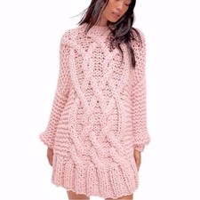 Free People x Loopy Mango Cabin Fever Pink Cable Sweater Tunic OS Merino Wool