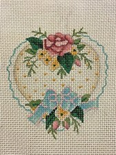 Hand Painted Needlepoint Canvas 18 Ct. FLORAL BLUE LACED EDGE HEART W/ PINK ROSE