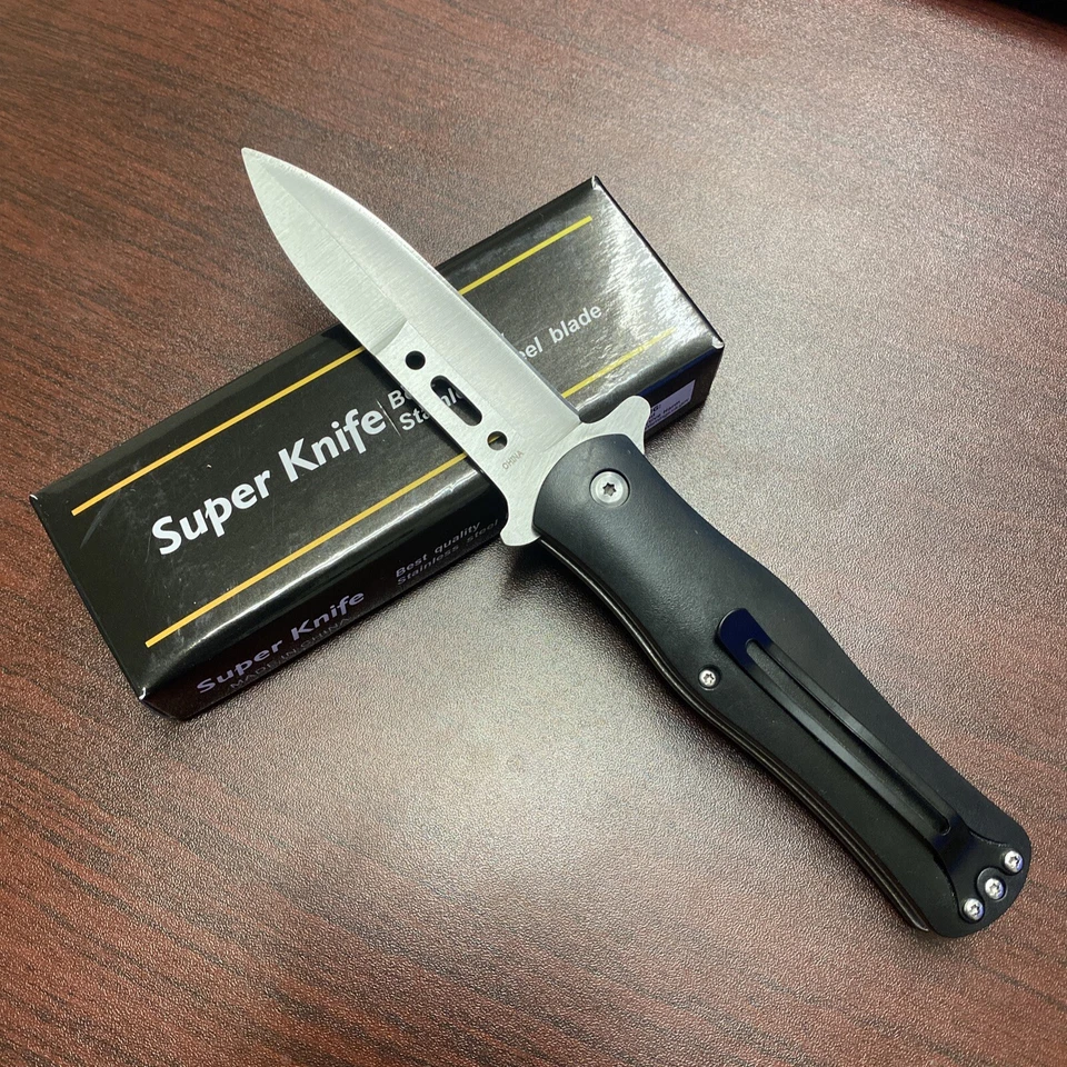 Faca de bolso dobrável tática cabo preto 8,5" lâmina prata abertura rápida caça - Imagem 3 de 4