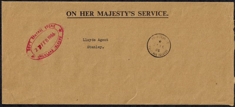 Falkland Islands 1986 OHMS Cover w/ GOV'T CENTRAL STORE OVAL H/S in RED 