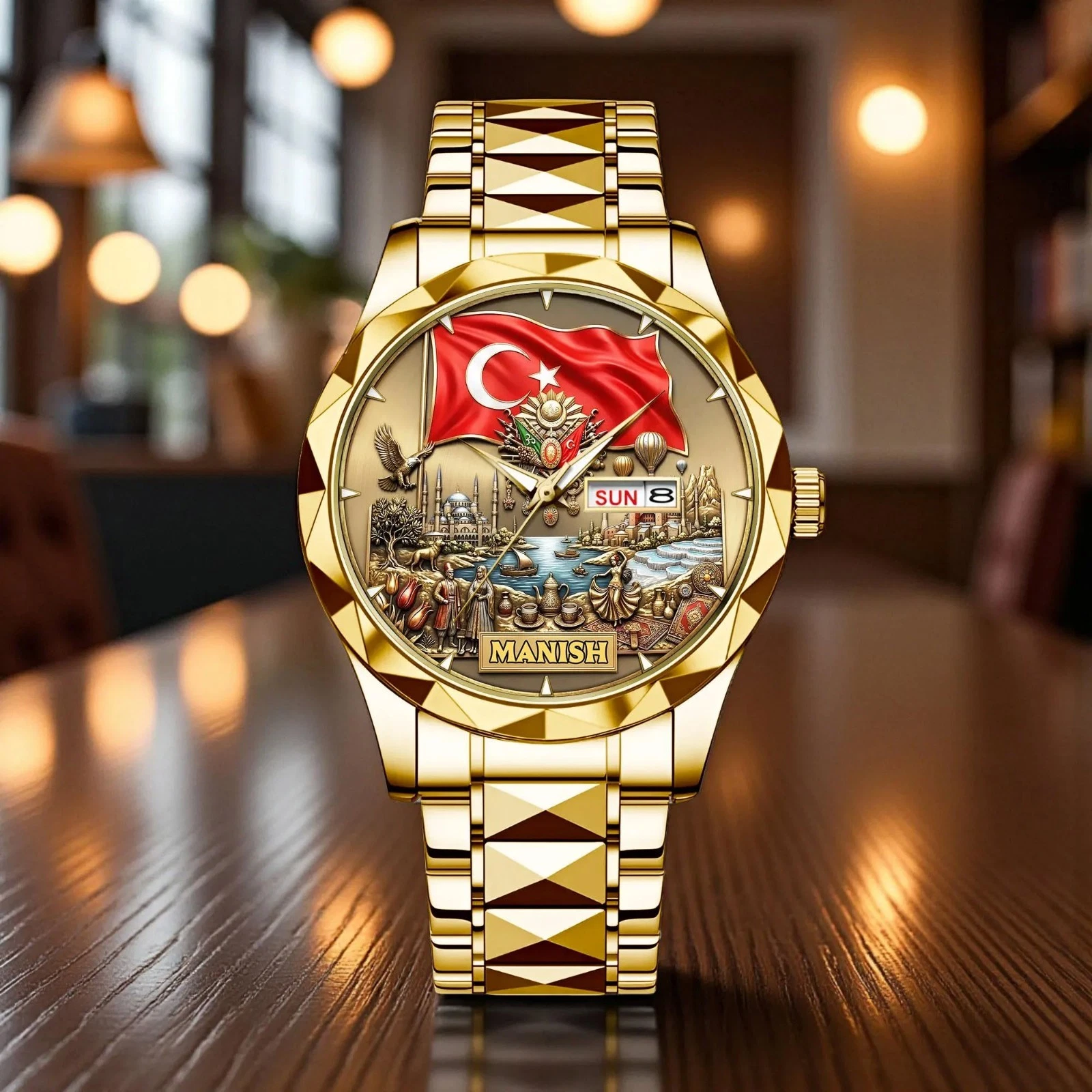 Personalized Turkey Dial Watch, Custom Name Istanbul Design Turkish Flag Gift Men