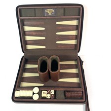 Vintage Magnetic Backgammon Travel Set Brown Zippered Case Incomplete