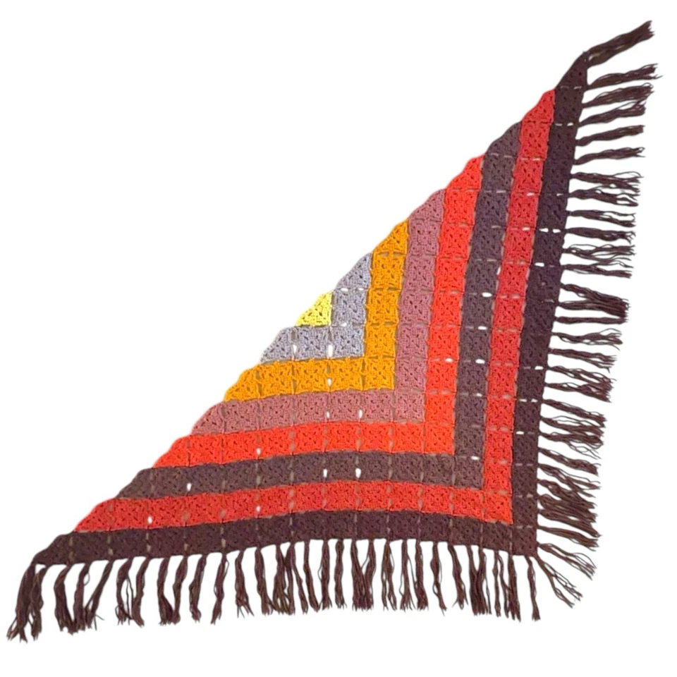 复古 70 年代钩针三角披肩裹多色奶奶方形条纹波西米亚 — 第 3/4 张图片