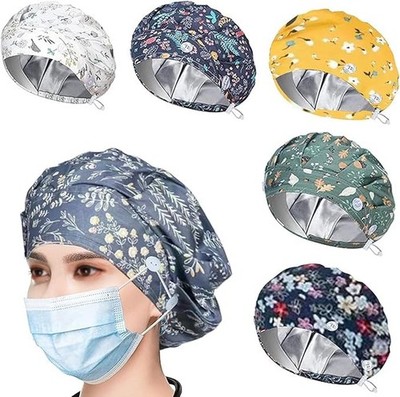 6 PCS Bouffant Scrub Caps Satin Lined, Adjustable, Button, Sweatband,Multi Color