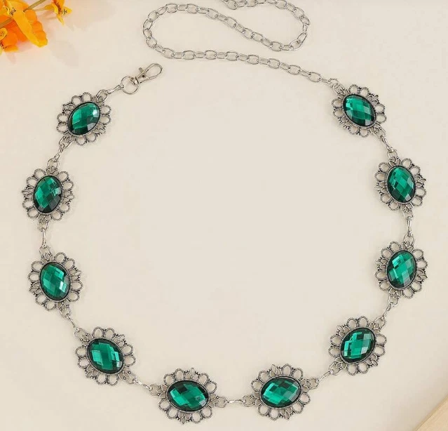 CINTURÓN CADENA GEMA- Elegante Cadena Cintura Estilo Vintage Verde Patrón Floral Foto 4 de 4