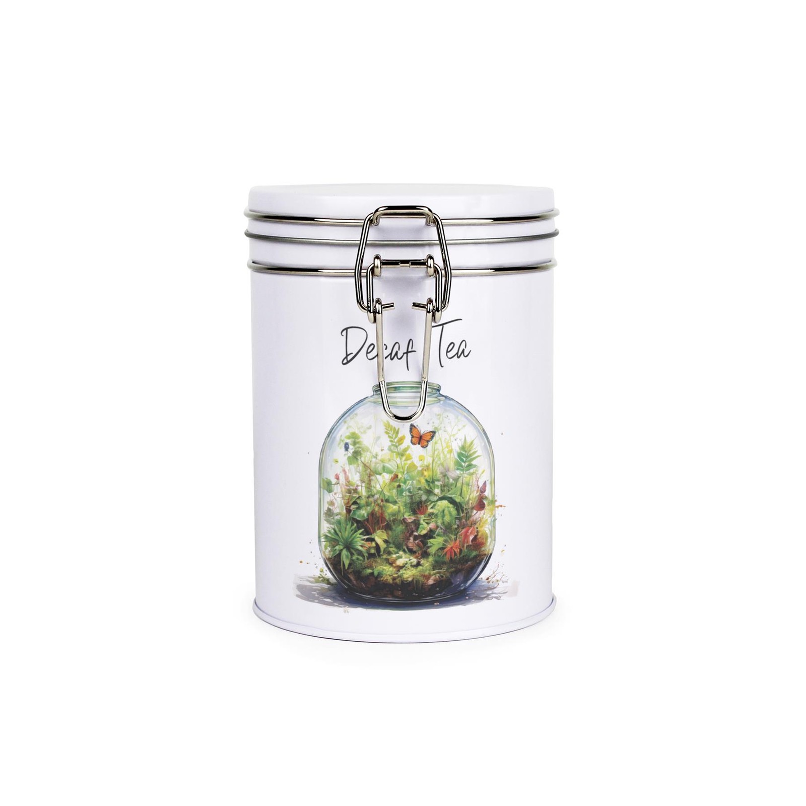 Plant Terrarium Decaf Tea Canister - Metal Clip Lid Kitchen Storage Gift
