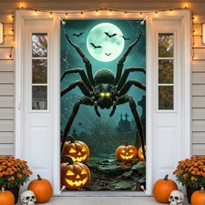 Scary Giant Spider Halloween Door Cover 71"x 35" Spider Web Full Moon Bat,Door B