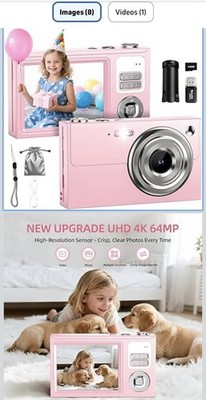 64MP 4K Children's Digital Camera USB Lithium-Ion Pink Multiple Functions