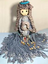 Denim Blue Yarn Doll 22" Holding Swaddled Baby Display Stand Painted Fabric Face