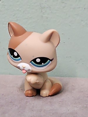 2008 Littlest Pet Shop Paw Licking Cat # 1363 Authentic Tan & Brown Blue Eyes