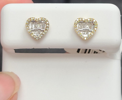 DEAL!0.25CTW NATURAL BAGUETTES DIAMOND HEART STUDS EARRINGS 10K GOLD 7.5mm