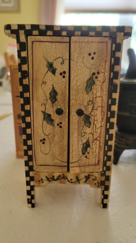 Vint. Doll House Hand Painted Armoire Floral Miniature Vine/Berries 6.25" High