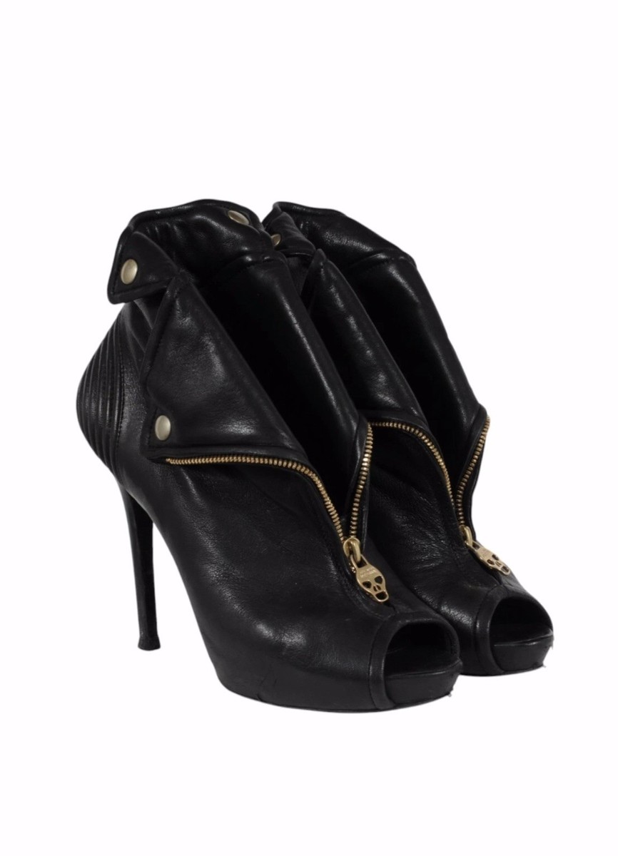 Vintage Alexander McQueen Women Skull Moto Peep Toe Zip Booties | eBay