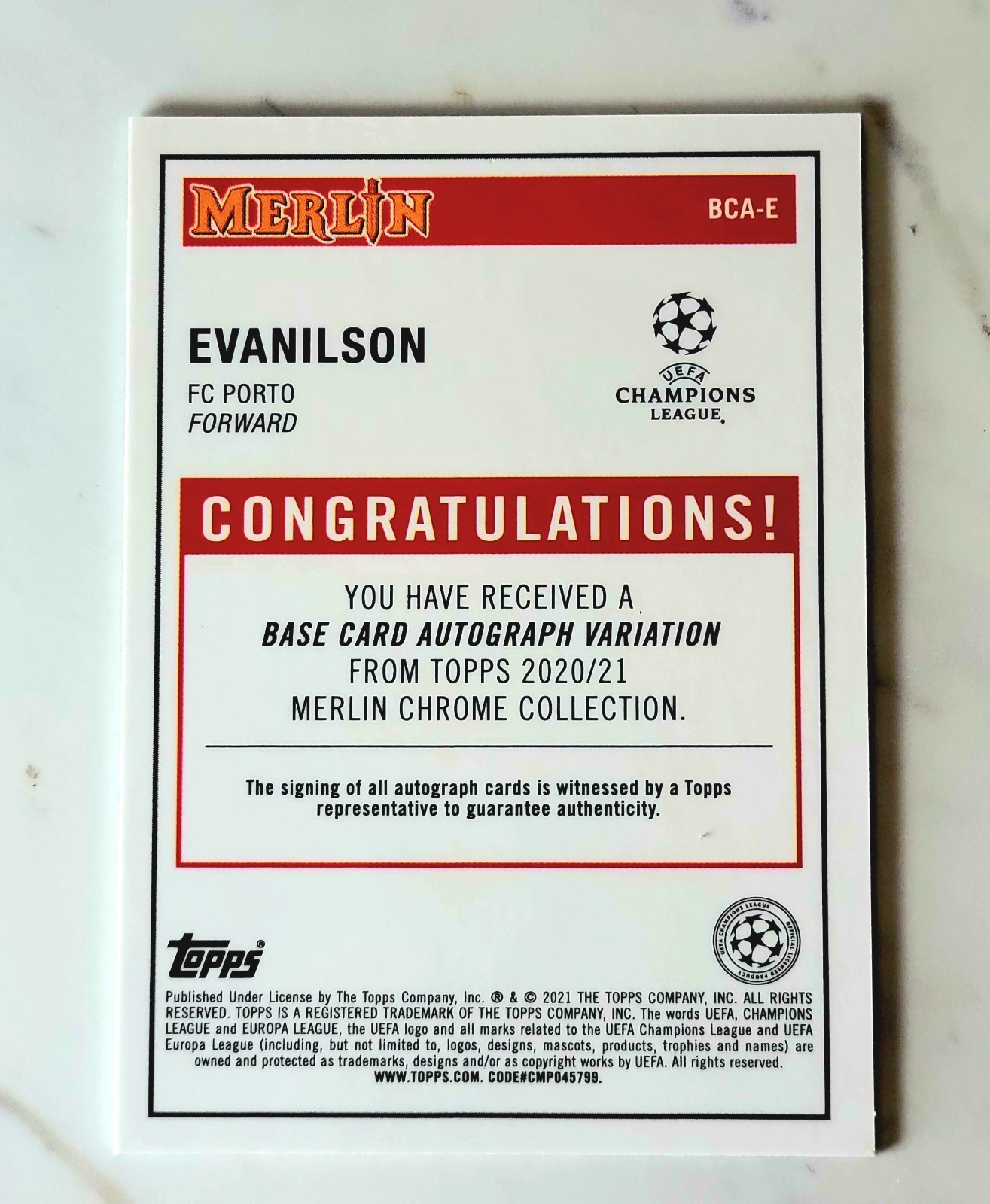 2020-21 Topps Merlin Chrome Uefa Champions League Evanilson RC Auto Bournemouth. view 5