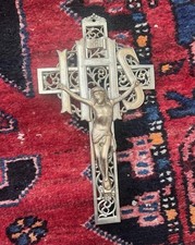Antico Crocifisso da Parete in Filigrana Francese Croce Gesù Metallo Argento Oro 8” IHS