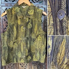 Woven Tapestry Statement Vest Womens L Green Leaf Boho Lagenlook VTG 90s