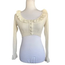 For Love & Lemons Cream Pointelle Ruffle Cropped Cardigan Sweater XXS Ivory