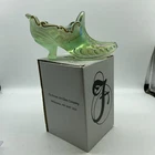 Fenton Green Hand Painted Willow & Swans Iridescent Large 7" Glass Shoe W Box KB
