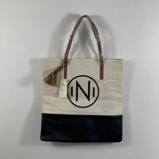 Mud Pie Chelsea Initial Tote N Bag Shoulder Purse Medium Canvas Black PU Tassel