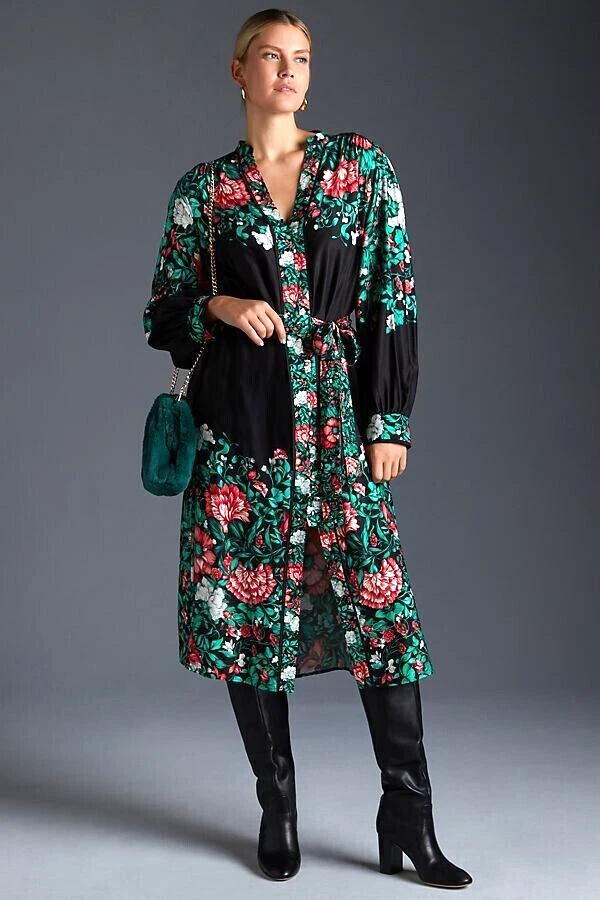 VETEMENTS Anthropologie Camicia Midi Vestito Camicia Cintura Nero Verde Floreale Taglia XS NUOVA CON ETICHETTE
