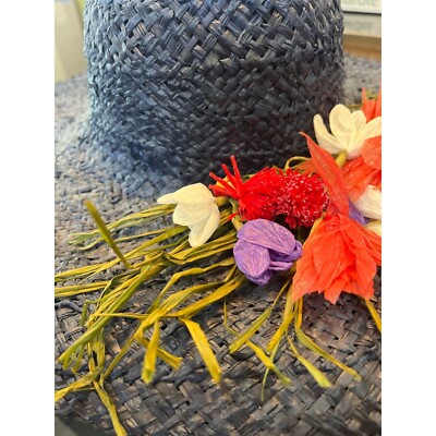 Vtg 1950\'s Women\'s Hand Woven Straw Hat Navy Blue With Hand Sewn Multi Colored s-l400.jpg main image 2