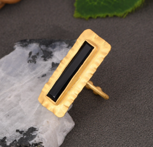 Gold Plated Long Rectangle Rings Black Onyx Vintage Jewelry For Women & Girls - Picture 1 of 11