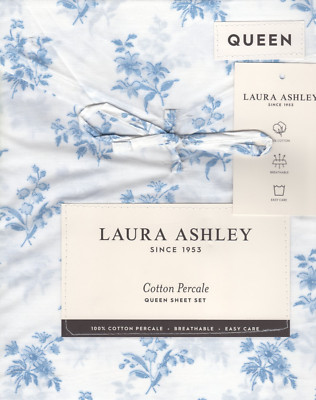 Laura Ashley Queen Sheet Set Victorian Bouquet Blue 4pc Cottage Farmhouse White