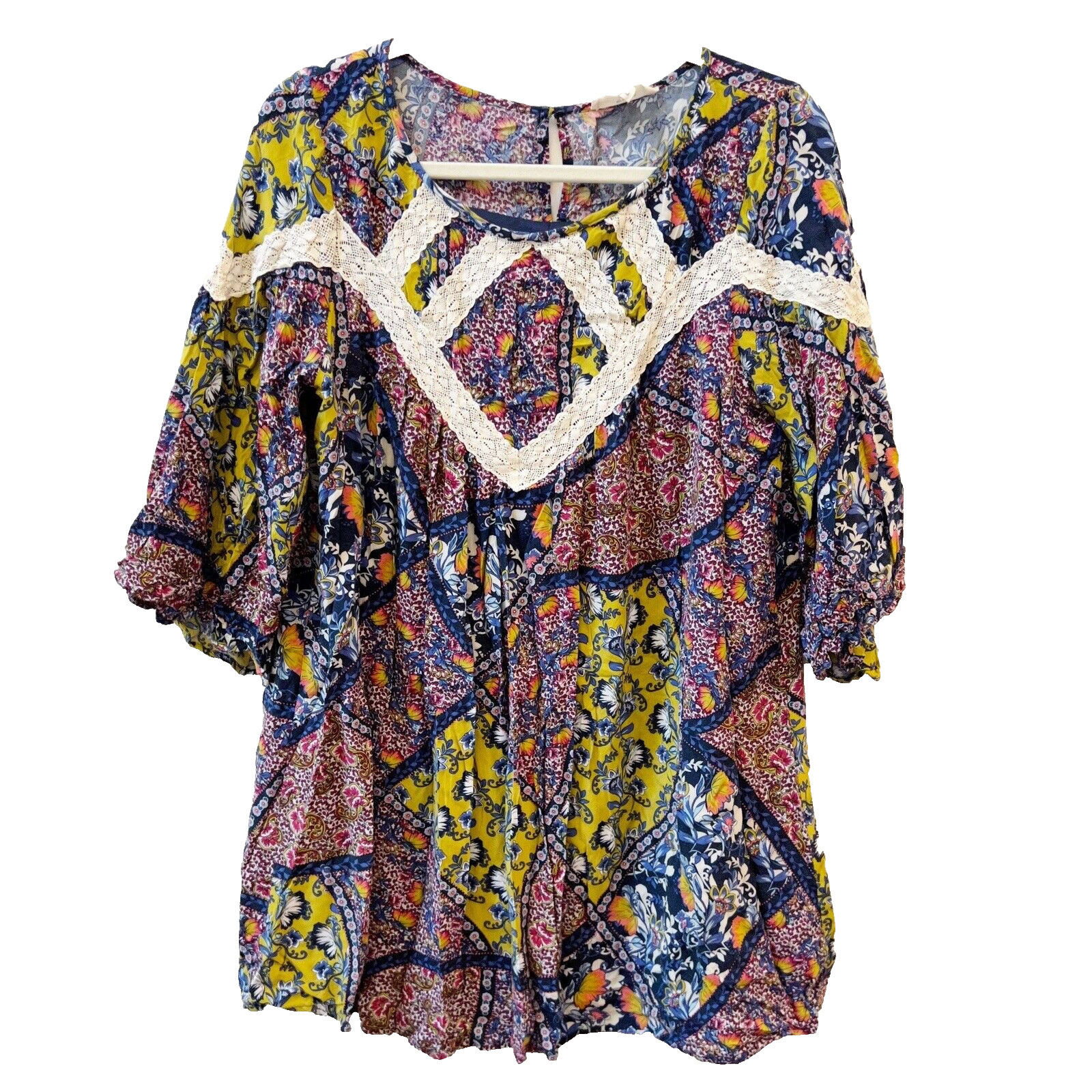 Entro Blouse Womens Patchwork Peasant Boho Top Tu… - image 1