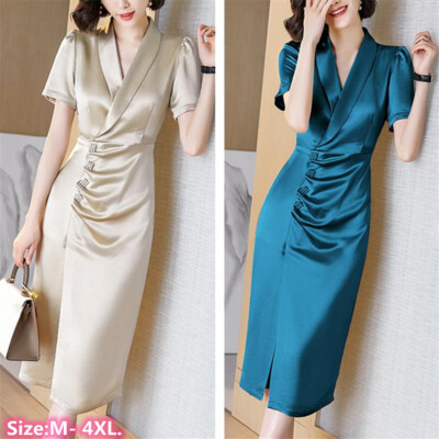 silk office dresses Women Satin Silk Pencil Dress Formal Office Dresses Button Side Split Work