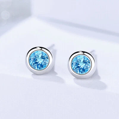 Silber 925 Ohrstecker mit Zirkonia Rund Blau Damen Ohrringe - Bild 1 von 3
