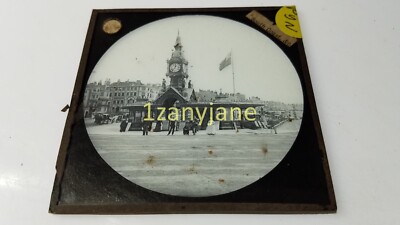 PYN Glass Magic Lantern Slide Photo CITY SQUARE FLAG FLYING CLOCK TOWER
