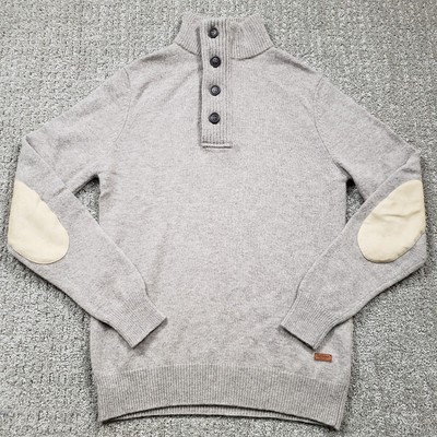 BARBOUR Sweater Mens Small Beige Wool Button Placket Jumper Elbow Patches