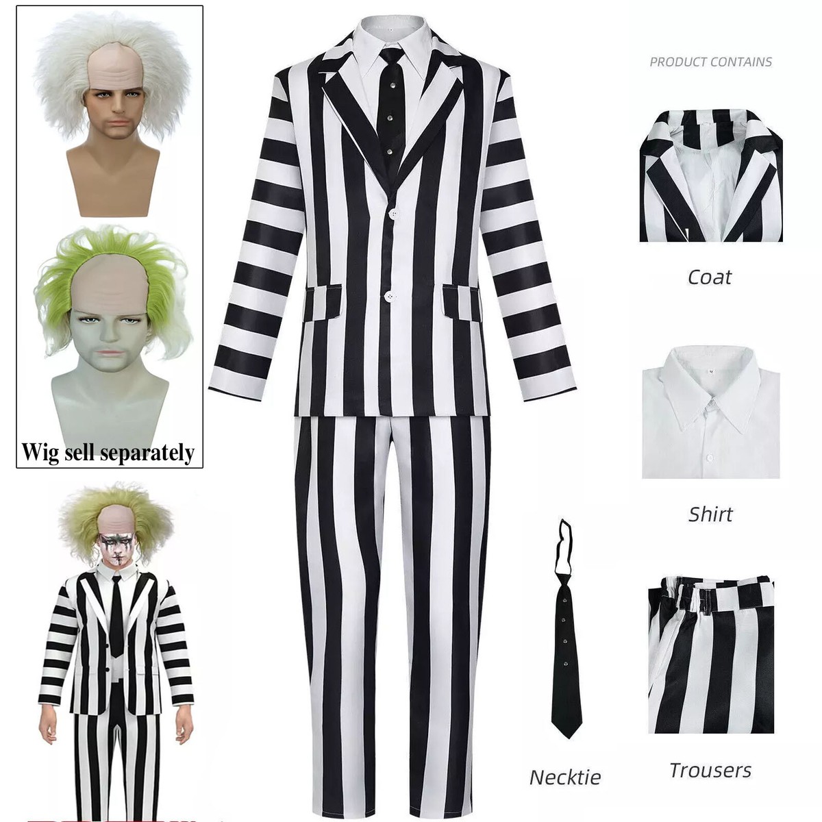 Beetlejuice Cosplay Costume Adam Men Black White Striped Jacket